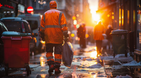 A worker in reflective gear walking in the city during a bright morningの素材
