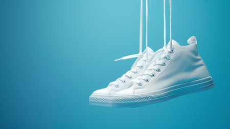 White sneakers hanging by their laces against a blue background, representing casual style and modern fashionの素材