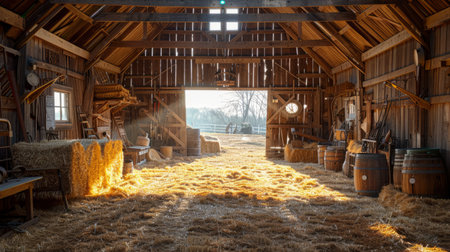 The interior of a rustic barn with hay bales and sunlight streaming in, showcasing a traditional and rural atmosphereの素材