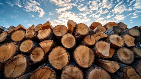 Stack of freshly cut wooden logs piled up high under a sky filled with fluffy white clouds in a natural outdoor settingの素材