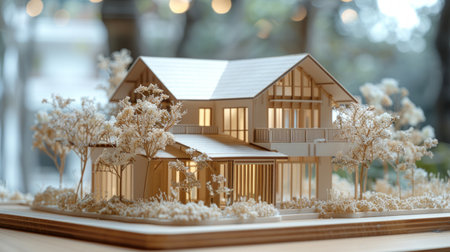 Detailed architectural scale model of a contemporary house surrounded by miniature trees displayed on a tableの素材