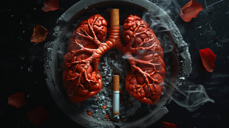 Image of healthy human lungs contrasted with a cigarette and smoke on a dark background highlighting health risksの素材