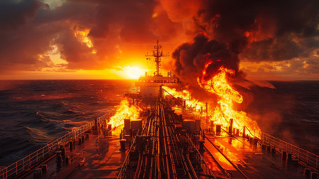 Ship on fire at sea during a dramatic sunset, capturing a powerful and intense maritime sceneの素材