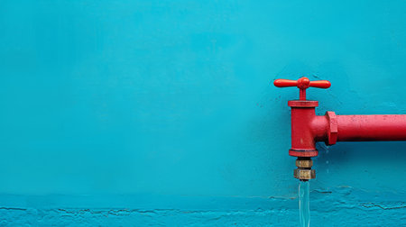Close-up of a red faucet on a blue wall with water dripping, highlighting simplicity and contrastの素材