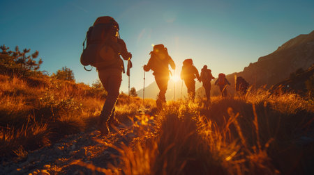 Group of hikers trekking through the mountains at sunrise with beautiful sceneryの素材