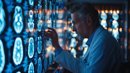 A doctor examining X-ray images on a lightbox, focusing intently on the detailsの素材