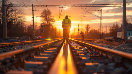 A worker walking along railway tracks with a stunning sunset in the backgroundの素材