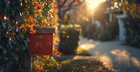 Red mailbox on a street with morning sunlight, surrounded by plantsの素材