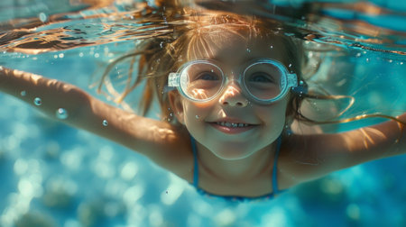 A girl swimming underwater with goggles in a pool, capturing the joy and fun of childhood activitiesの素材