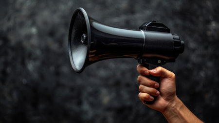 Hand gripping a black megaphone against a dark background representing communication and announcementsの素材
