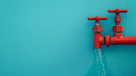A red water valve dripping on a blue wall background, showcasing a plumbing concept with copy spaceの素材