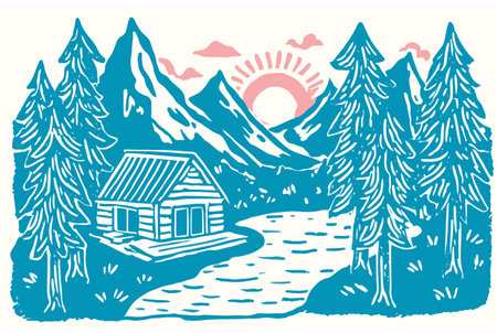 This detailed illustration features a tranquil cabin beside a flowing river, surrounded by majestic mountains and tall pine trees, evoking a serene outdoor escape.のイラスト素材