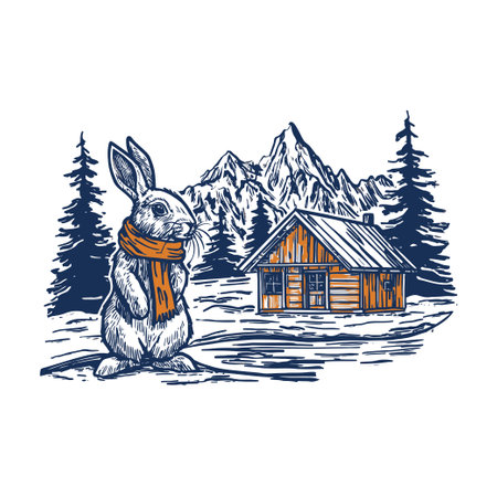 Adorable rabbit wearing a scarf stands near a charming cabin, surrounded by snow-covered mountains and evergreen trees, capturing the essence of winter adventure.のイラスト素材