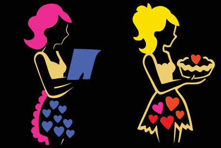 This vibrant vector illustration features two stylish women in a playful kitchen setting, one holding a recipe and the other presenting a delightful pie, perfect for culinary themes.のイラスト素材