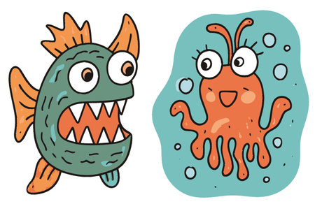 Bright and playful cartoon illustrations of a fish and an octopus, showcasing cute expressions. Ideal for children's materials, posters, and fun aquatic designs.のイラスト素材
