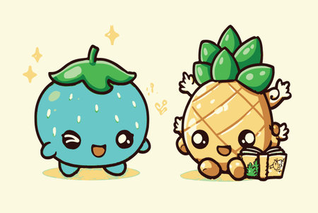 Discover this charming vector illustration featuring adorable cartoon fruits. A cute pineapple and blueberry evoke joy and playfulness, perfect for kids' themes.のイラスト素材