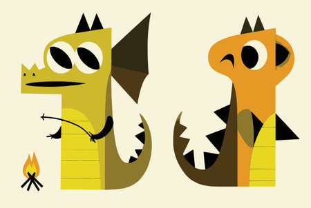 Discover a playful vector illustration of cartoon dragon characters beside a campfire. These friendly creatures bring joy and creativity to any design project.のイラスト素材