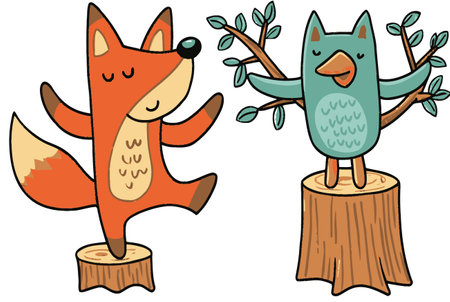 Discover a vibrant vector illustration featuring a playful fox and an owl balancing on tree stumps. This whimsical art captures a joyful moment in nature.のイラスト素材
