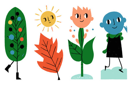 Discover vibrant vector illustrations depicting seasonal elements and joyful characters. Perfect for creative projects, this colorful art showcases nature and playfulness.のイラスト素材