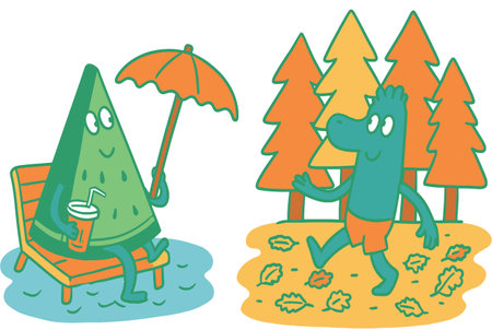 Celebrate summer with this vibrant illustration featuring a watermelon character and a friendly creature enjoying nature in a cheerful outdoor setting.のイラスト素材