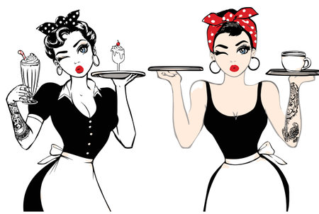 This vibrant illustration features two retro-style waitresses, one serving a cupcake and the other a cup of coffee. Their playful poses and vintage outfits convey a nostalgic charm that enhances any design project.のイラスト素材