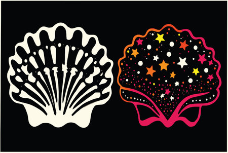Vibrant shell illustration featuring a colorful starry design against a dark background. Perfect for ocean-themed projects or decorative art.のイラスト素材