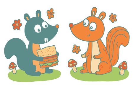 Two adorable squirrels interact in a vibrant forest scene, sharing a sandwich amidst colorful flowers and mushrooms, celebrating friendship and nature.のイラスト素材