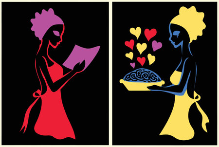 A colorful illustration featuring a woman reading a recipe while another carries a dish filled with hearts, symbolizing love and culinary passion.のイラスト素材