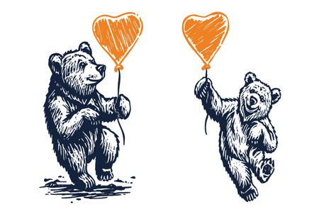 This playful vector illustration features two cute bears joyfully holding heart-shaped balloons. Perfect for designs related to love, celebration, or family.のイラスト素材