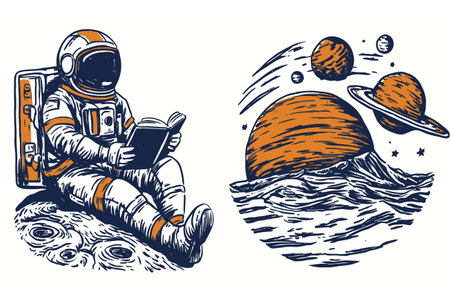 Explore a captivating illustration of an astronaut reading a book in space, surrounded by planets and waves. Perfect for art and design enthusiasts!のイラスト素材
