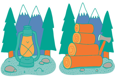 Colorful outdoor illustration featuring a cheerful lantern and stacked firewood with an axe. Perfect for summer adventure, camping, and nature-themed projects.のイラスト素材