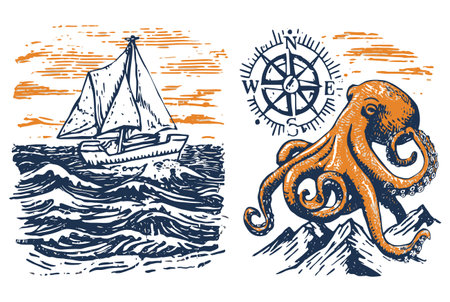 Captivating vintage nautical illustration showcasing a sailboat navigating waves alongside an octopus and compass design in vibrant blue and orange tones.のイラスト素材