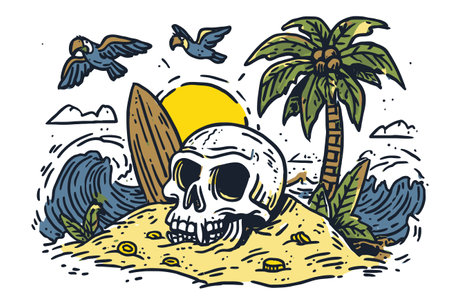 Vibrant illustration of a tropical island featuring a skull, palm trees, and surfboard, set against a backdrop of waves, sun, and flying birds.のイラスト素材