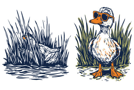 Discover a playful duck illustration featuring vibrant colors and sunglasses, perfect for summer-themed designs. Ideal for a variety of creative projects.のイラスト素材