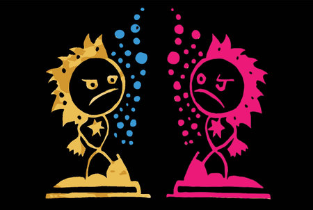 Explore the vibrant emotions of two abstract characters. This colorful illustration showcases a playful contrast using engaging shapes and modern art style.のイラスト素材