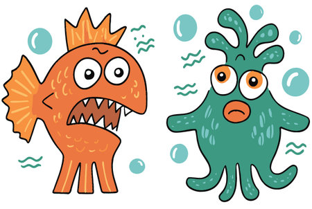 This playful illustration features a colorful cartoon fish and an expressive sea creature in an underwater environment. Perfect for children's projects and ocean-themed designs.のイラスト素材