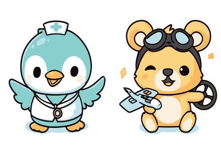 Adorable illustration of a cute bird in a nurse outfit and a bear in pilot attire. Perfect for children's media, educational materials, and playful designs.のイラスト素材