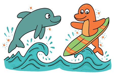 This cheerful illustration features a playful dolphin and a happy surfer riding vibrant ocean waves, perfect for summer and beach-themed projects.のイラスト素材