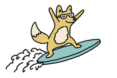 Enjoy a vibrant illustration of a cartoon fox surfing on a wave, wearing sunglasses. This fun and playful design captures the essence of summer and adventure.のイラスト素材