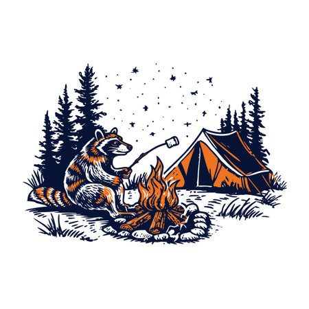Playful vector illustration featuring a raccoon roasting a marshmallow by a campfire, surrounded by tall trees and a tent, evoking a cozy camping atmosphere.のイラスト素材