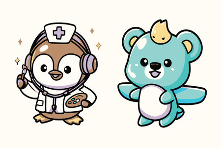 Adorable vector illustration featuring a cute cartoon penguin nurse and a cheerful bear. Perfect for children's art, healthcare themes, and playful designs.のイラスト素材