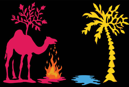 This vibrant illustration captures a playful desert scene featuring a camel, colorful trees, and flames against a dark background, perfect for various artistic projects.のイラスト素材