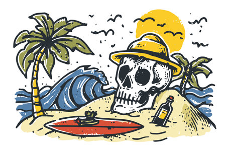 Vibrant and playful illustration featuring a skull on a sandy beach with palm trees, waves, and a surfboard, perfect for summer-themed designs or adventurous projects.のイラスト素材