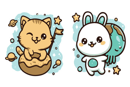 Whimsical illustration featuring a cute cat and bunny characters in a playful space theme, complete with stars and planets. Perfect for children's artwork.のイラスト素材