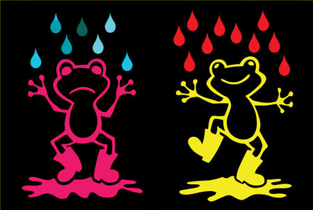 This vector illustration features two colorful frogs in rubber boots, one happy and one sad, dancing in rain under vibrant droplets. Perfect for playful designs.のイラスト素材