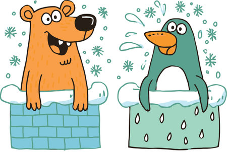 Adorable winter illustration featuring a cheerful bear and a playful penguin, both enjoying snowy surroundings. Perfect for holiday themes and playful designs.のイラスト素材