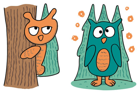 Discover a whimsical illustration of playful forest creatures, featuring a charming owl and a cheeky squirrel amidst vibrant trees. Perfect for kids' themes!のイラスト素材