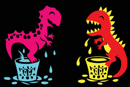 A vibrant illustration featuring playful cartoon dinosaurs watering plants, capturing a whimsical and joyful character design suitable for children's art or decor.のイラスト素材