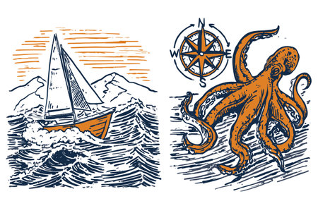 This vintage nautical illustration features an orange sailboat amidst dynamic waves alongside an octopus and compass design. Perfect for marine lovers!のイラスト素材