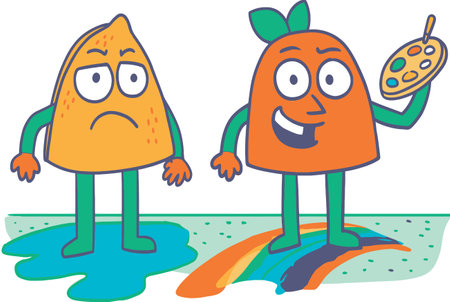 Discover a fun illustration featuring two cartoon characters, one sad and one happy, engaging with colorful art elements like paint and a rainbow.のイラスト素材